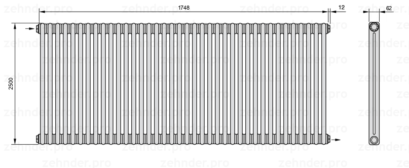 Схема (чертеж) Радиатор Zehnder Charleston 2250/38 №1670 Белый глянцевый RAL 9016